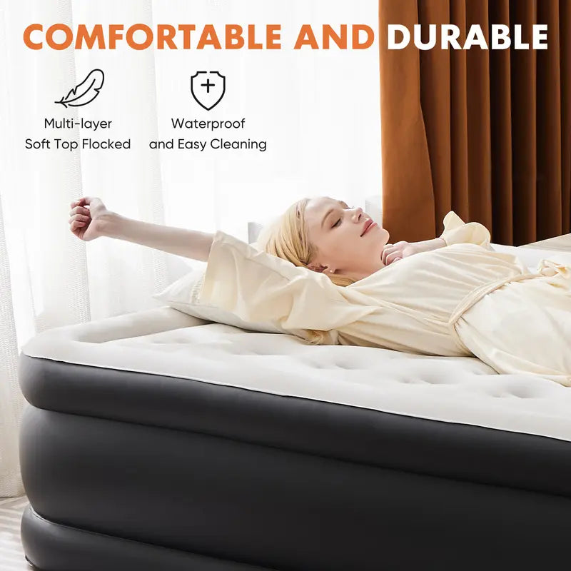 Portable Inflatable Air Mattress with Built In Pump Double Height Comfortable Sleeping Bed for Home Camping