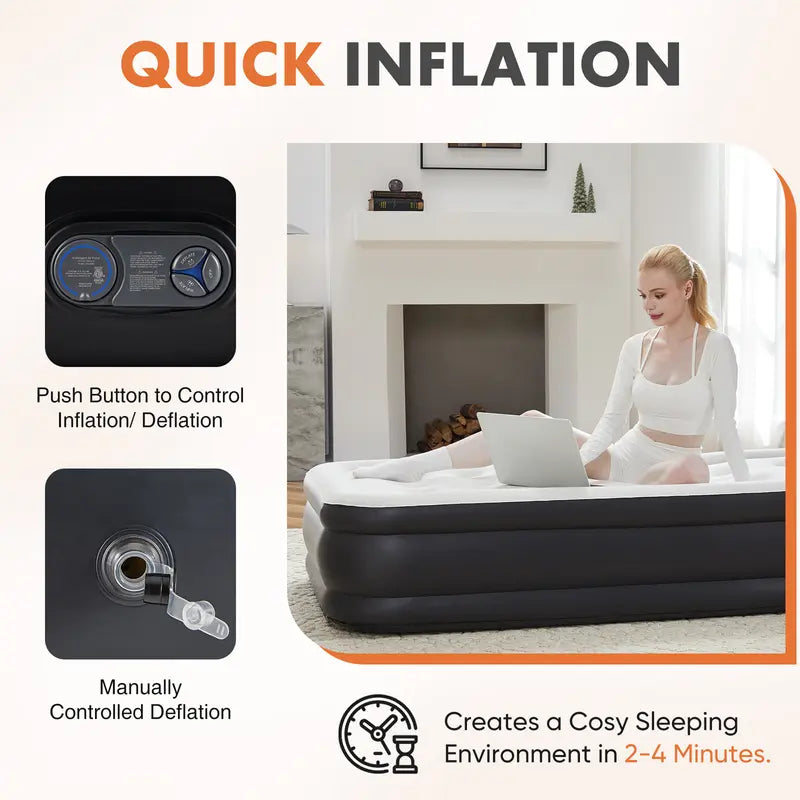 Portable Inflatable Air Mattress with Built In Pump Double Height Comfortable Sleeping Bed for Home Camping