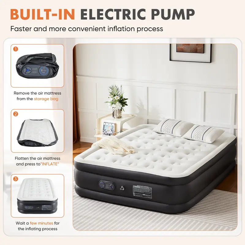 Portable Inflatable Air Mattress with Built In Pump Double Height Comfortable Sleeping Bed for Home Camping