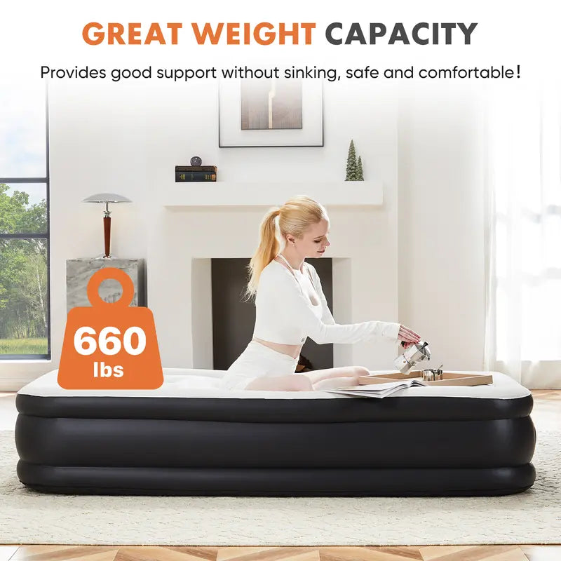 Portable Inflatable Air Mattress with Built In Pump Double Height Comfortable Sleeping Bed for Home Camping